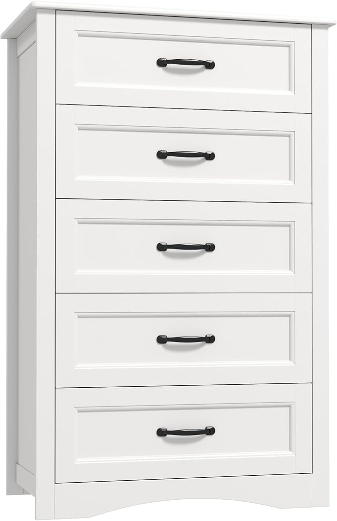 Gizoon 5 Drawer Dresser, White Wood Chest of Drawers for Bedroom, 43.3" Large Capacity Storage Cabinet with Anti-Tip Device, for Clothes, Living Room, Hallway, Office
