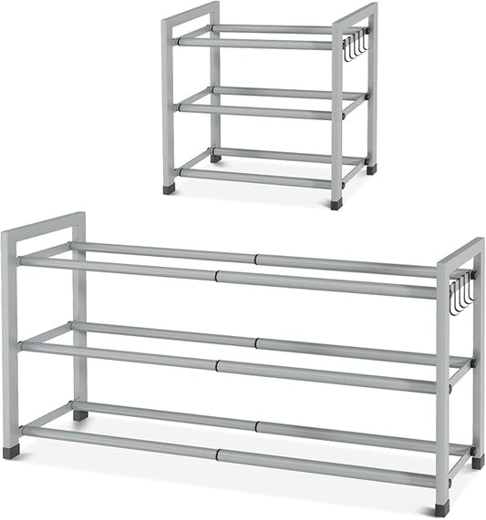 Expandable Shoe Rack for Closet Adjustable Metal Shoe Rack for Entryway 18.5"-33" Free Standing Shoe Organizer 12 Pairs with Hooks 3-Tier Small Shoe Shelf for Bedroom Garage Dorm Floor, Grey
