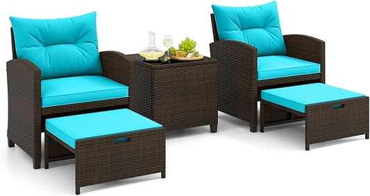 Tangkula 5 Pieces Patio Conversation Set, PE Wicker Outdoor Furniture Set with 2 Chairs, 2 Ottomans & Tempered Glass Coffee Table, Ideal for Poolside, Backyard, Lawn, Deck, Mix Brown & Turquoise