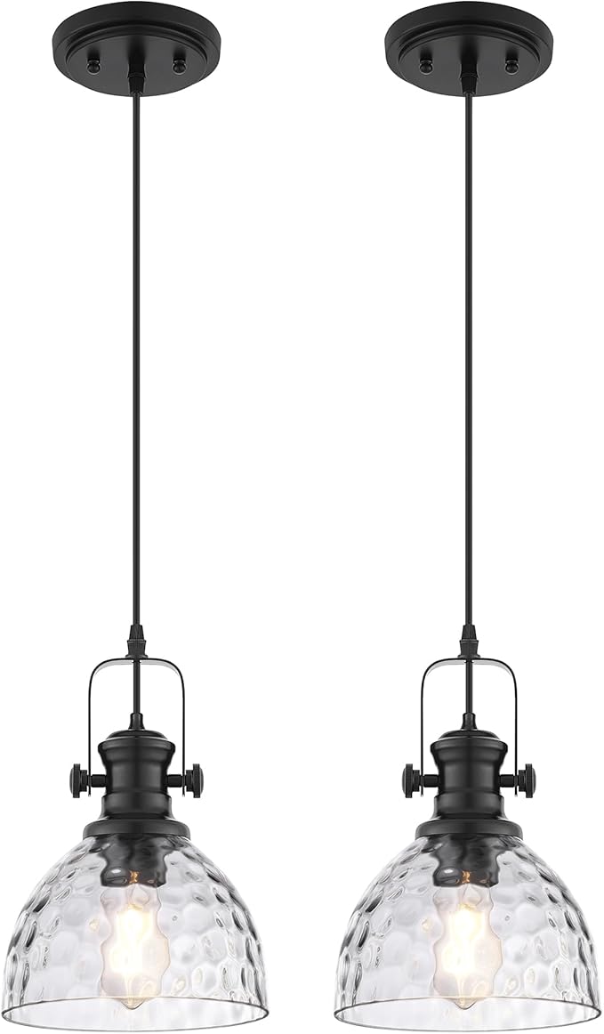 2-Pack Pendant Lights Kitchen Island, 7.5" Farmhouse Black Pendant Lighting with Hammered Glass Shade, Vintage Hanging Light Fixtures for Dining Room Entryway, AD-22151-1P2-BK-H