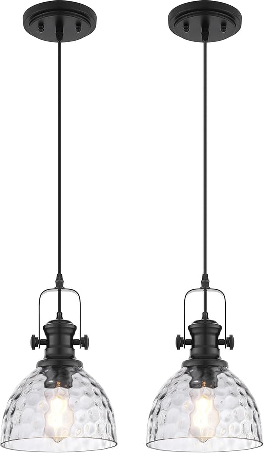 2-Pack Pendant Lights Kitchen Island, 7.5" Farmhouse Black Pendant Lighting with Hammered Glass Shade, Vintage Hanging Light Fixtures for Dining Room Entryway, AD-22151-1P2-BK-H