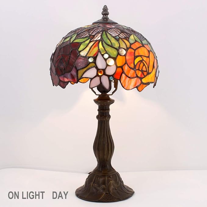 WERFACTORY Tiffany Style Table Lamp Stained Glass Bedside Lamp Red Rose Desk Reading Light 10X10X18 Inches Decor Bedroom Living Room Home Office S001 Series