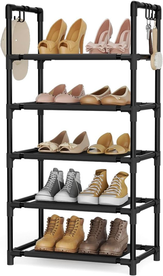 5 Tiers Shoe Rack 12-15 Pairs Boots Organizer Storage Sturdy Narrow Shoe Shelf for Entryway, Closets with Hooks, Black