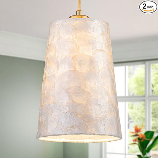 1-Light Capiz Shell Chandelier, 2PCS per Pack, Coastal Design Pendant Light Fixture for Dining Room, Kitchen Island, D7xH18~66"(Adjustable Height), Shell Lampshade & Gold Finish (2-Pack)