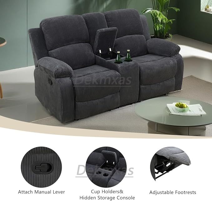 Manual Reclining Fabric Couch Living Room Furniture 2 Seater Recliner Loveseat with Cup Holders&Middle Storage Console for Home/Office/Rv Car (Grey, Loveseat)