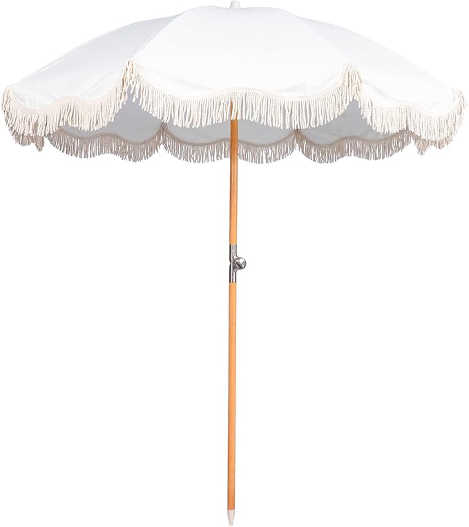 6.5ft Boho Beach Umbrella with Fringe, UPF 50+ Tassel Umbrellas with Carry Bag, Premium Wood Pole Foldable Patio Umbrella for Outdoor Holiday Garden Lawn Pool Yard Table