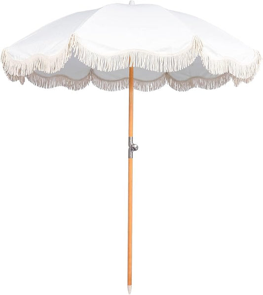 6.5ft Boho Beach Umbrella with Fringe, UPF 50+ Tassel Umbrellas with Carry Bag, Premium Wood Pole Foldable Patio Umbrella for Outdoor Holiday Garden Lawn Pool Yard Table