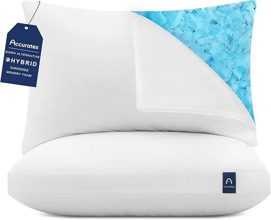 ACCURATEX Hybrid Pillow for Sleeping, Adjustable Shredded Memory Foam Pillow Core with Fluffy Down Alternative Fill Removable Cotton Cover,for Side,Back,Stomach Sleepers,Standard Size
