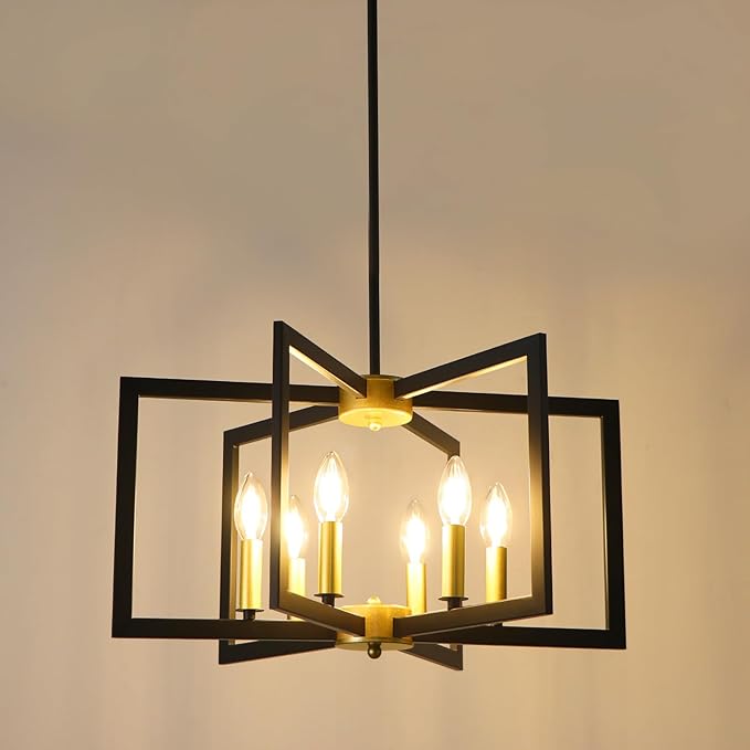 Black and Gold Chandelier Light Fixture, 6 Lights Geometric Modern Chandeliers for Dining Room Kitchen Farmhouse Entryway Living Room