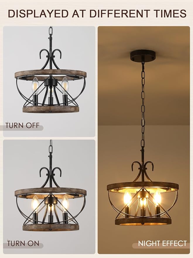 12 Inch Farmhouse Chandelier Light Fixture, 3-Light French Country Rustic Chandeliers Drum Hanging Pendant Lighting Over Table for Kitchen, Island, Dining, Room, Entryway, Foyer