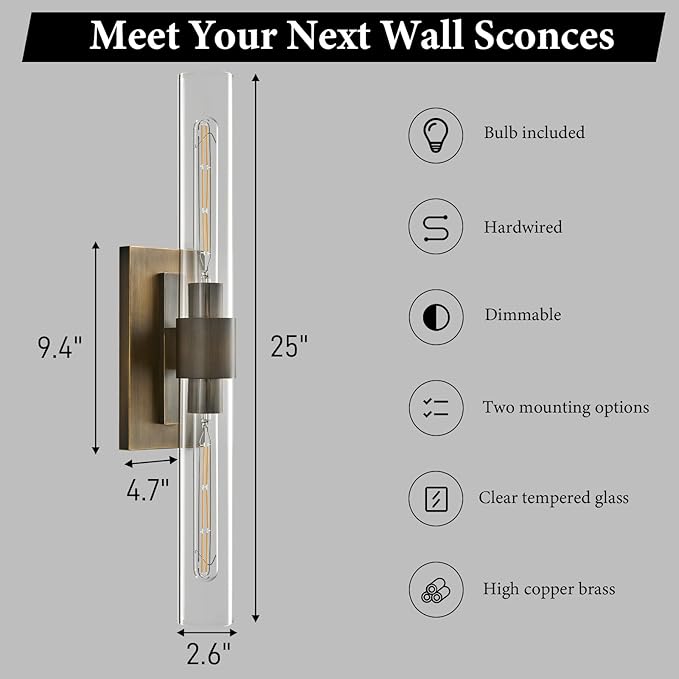 Linear Brass Bathroom Wall Sconce - Luxury Antique Brushed Sconces - Modern Gold Lighting with Clear Glass Tube - Dimmable Vanity Lights Fixture for Bedroom Living Room Hallway Indoor Decor