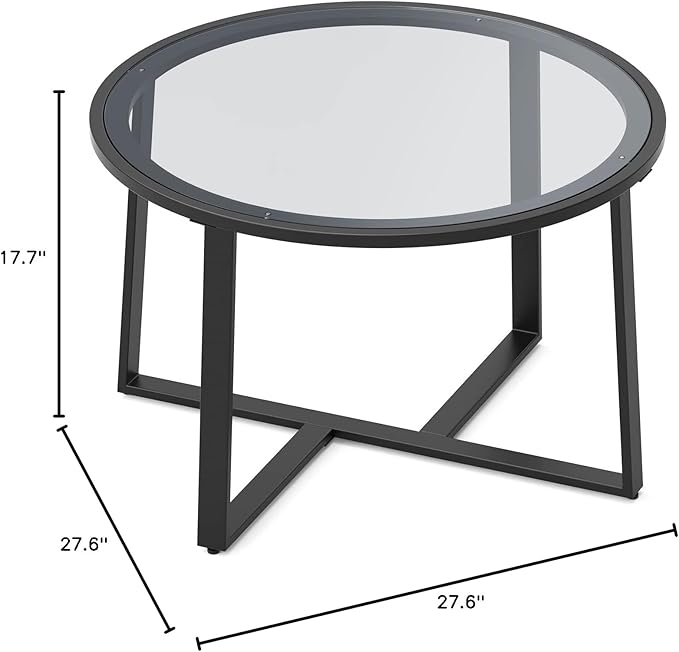Evajoy Coffee Table, 27.6" Round Coffee Table with Tempered Glass Surface, Center Table for Living Room, Dining Room, Tea, Home Décor,Black