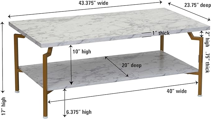 Household Essentials Crown Rectangular Coffee Table with Storage Shelf White Marble and Gold Metal