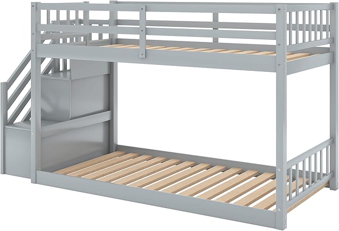 Twin Over Twin Bunk Bed with Ladder and for Storage Staircase for Teens, Boys or Girls, No Box Sping Needed
