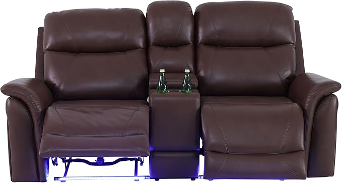 Power Reclining Loveseat for Living Room, Air Leather Recliner Couch with Storage Console, Cup Holders, LED Lighting&USB Charging Port for Home Theater RV (Brown)