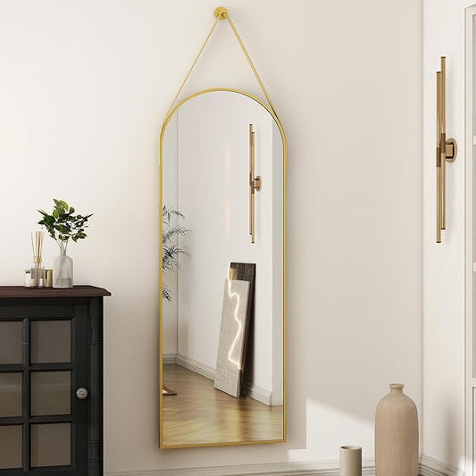 HARRITPURE 16"x48"Arched Mirror with Hanging Leather Strap Full Length Mirror Aluminum Frame Wall-Mounted Arch Hanging Mirrors for Bathroom Vanity Living Room Bedroom Entryway, Gold