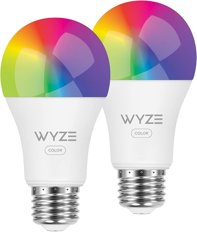 Wyze Plug Outdoor Dual Outlets Energy Monitoring Smart Plug Bundle with Wyze Bulb Color 1100 Lumen WiFi RGB and Tunable White A19 Smart Bulbs, 2-Pack