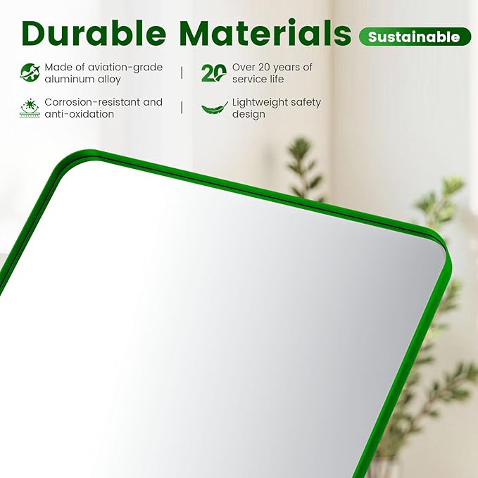 24" x 28" Green Bathroom Mirror Wall Mounted, Matte Aluminum Alloy Frame with Rounded Corners, Shatterproof Tempered Glass, Anti-Rust HD Vanity Mirror for Bathroom, Bedroom, Entryway