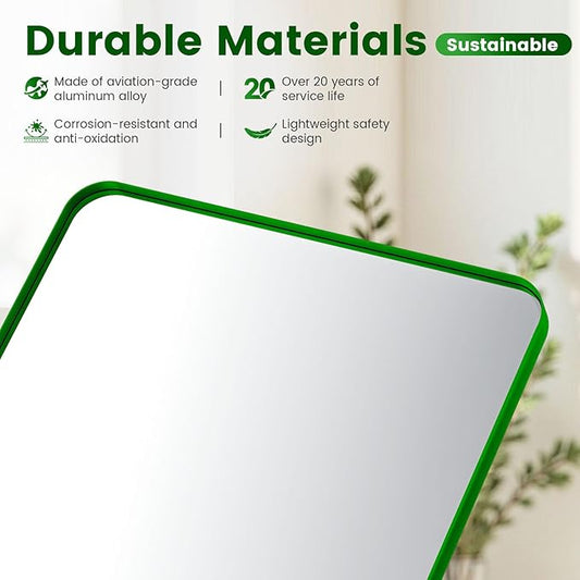 24" x 28" Green Bathroom Mirror Wall Mounted, Matte Aluminum Alloy Frame with Rounded Corners, Shatterproof Tempered Glass, Anti-Rust HD Vanity Mirror for Bathroom, Bedroom, Entryway