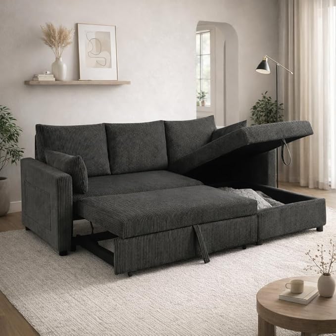 Sectional Sleeper Sofa with Pull Out Bed, L Shape Convertible Sofa Bed Couch with Storage Chaise, 3 in 1 Pull Out Sofa Bed with 3 Seats for Living Room,Apartment, Black, 85Inch