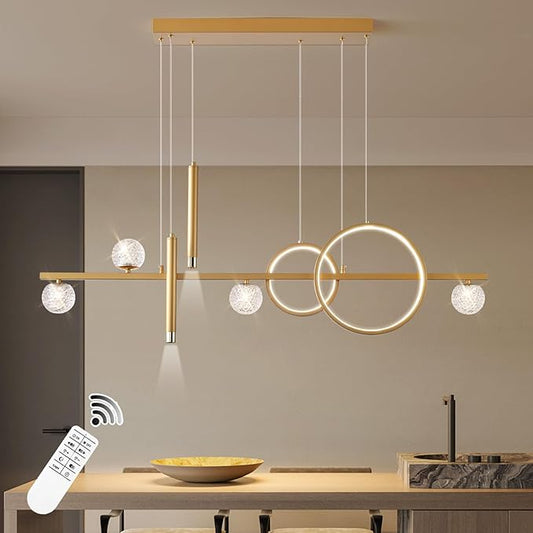 LED Gold Chandeliers for Dining Room, 47in Dimmable Modern Chandelier Gold Pendant Lights for Kitchen Island, Linear Ring Globe Pendant Light Fixtures Dining Room Lights Ceiling Hanging