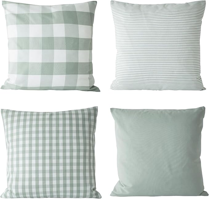 HOPLEE Farmhouse Sage Green Fall Pillow Covers 20x20 Cushion Cover with Buffalo Plaid, Solid Sage Green, Striped and Gingham Plaid Design 20x20 inch,4 Pack