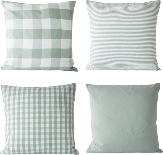 HOPLEE Farmhouse Sage Green Fall Pillow Covers 22x22 Cushion Cover with Buffalo Plaid, Solid Sage Green, Striped and Gingham Plaid Design 22x22 inch,4 Pack