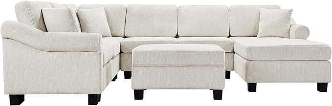 ERYE 112-Inch U-Shaped Sectional Sofa with Movable Storage Ottoman, Oversized Chenille Upholstered Corner Modular Sofa Couch W/Right Facing Chaise Lounge and 3 Toss Pillows