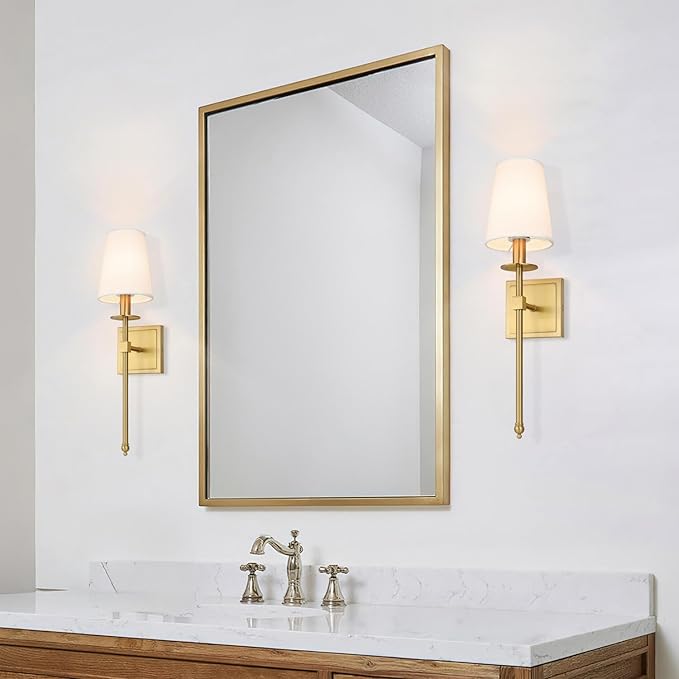 XiNBEi Lighting Brass Wall Sconces Set of 2 Modern Gold Sconce Light Fixture with Fabric Shade Wall Lamp for Bathroom Bedroom Corridor & Living Room XB-W1307-WBS