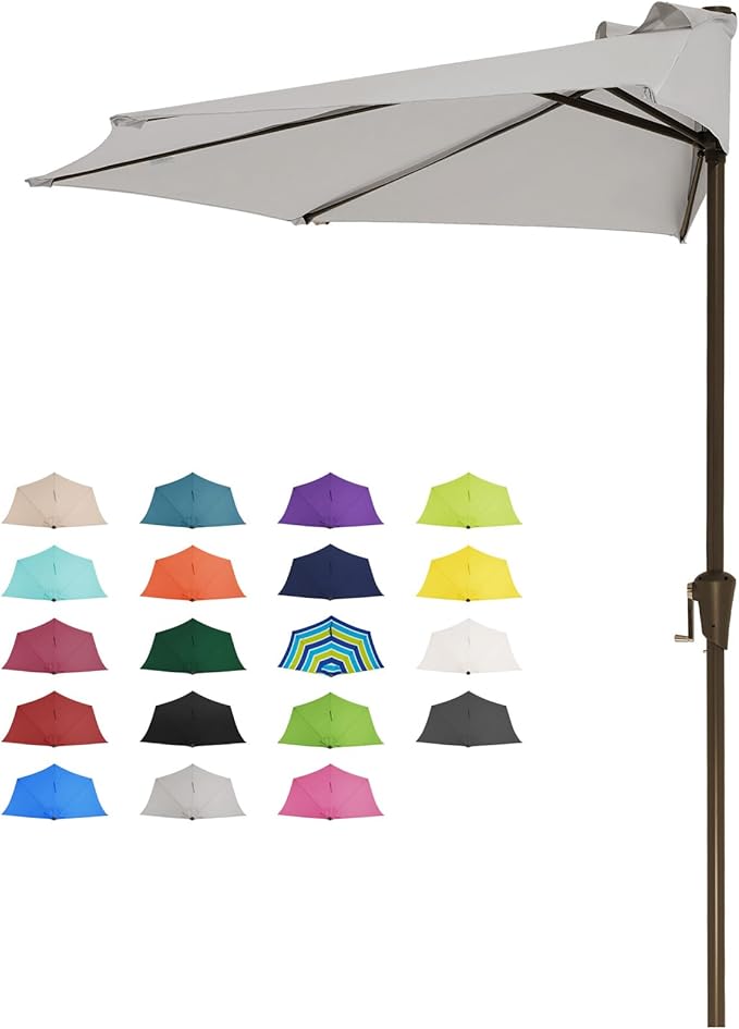 JEAREY 9ft Half Umbrella Outdoor Patio Umbrella Market Umbrellas with Crank, 1/2 Round Wall Umbrella 5 Sturdy Ribs UV Protection for Pool Garden Balcony Deck, Foggy Gray