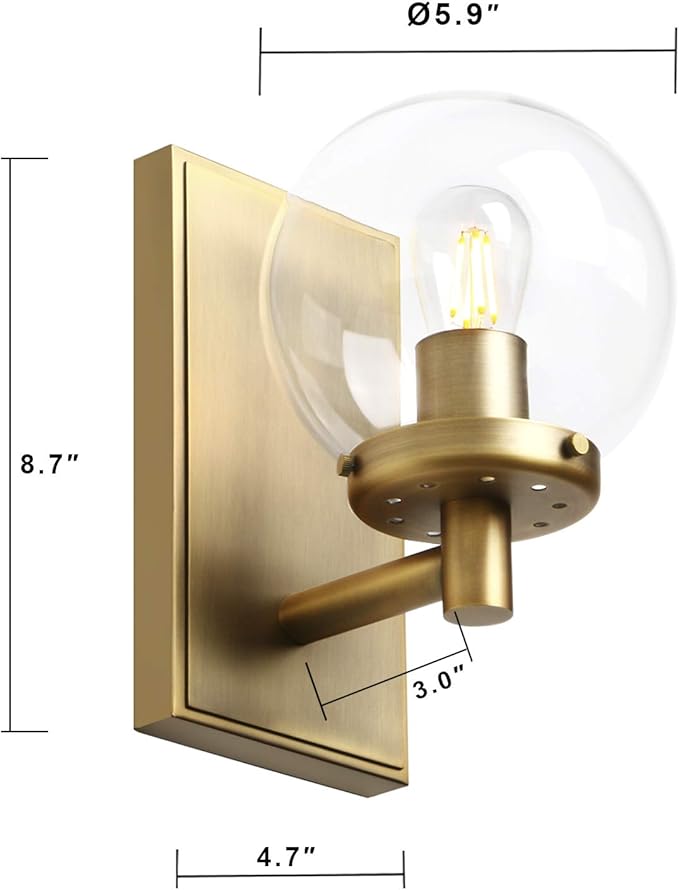Pathson Vintage Globe Glass Wall Sconce, Hardwired Bathroom Vanity Lighting, Brass Wall Lamp Fixtures for Living Room