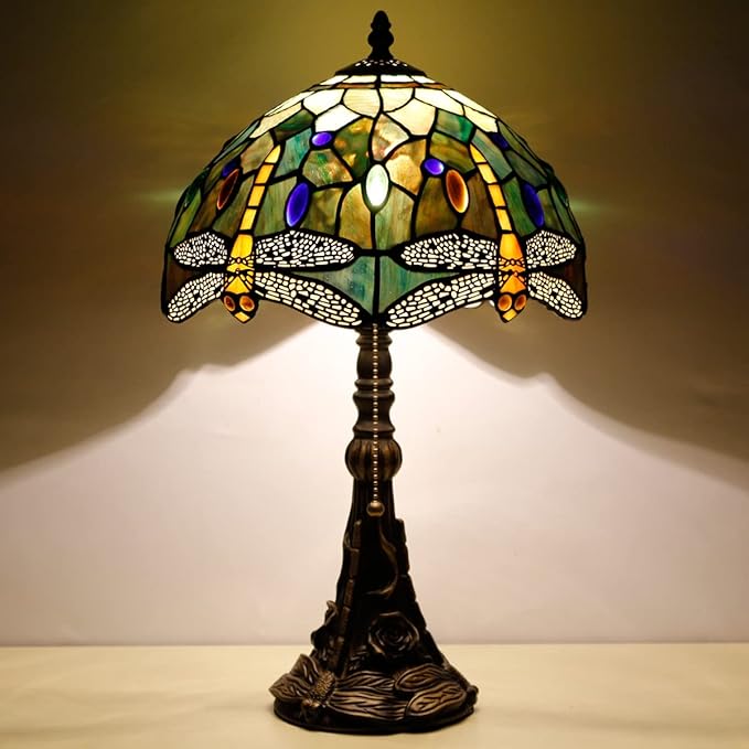 Tiffany Table Lamp Stained Glass Lamp 12X12X19 Inch Antique Reading Light (Amber Yellow Dragonfly)