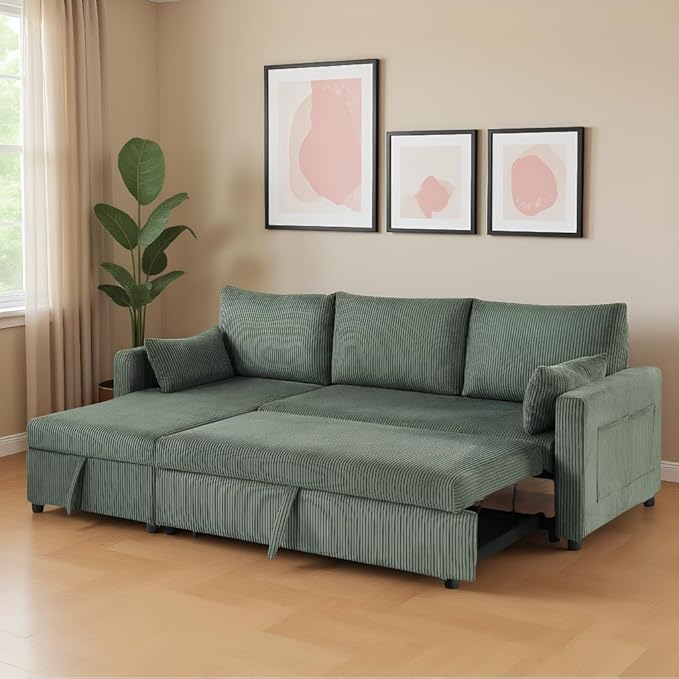Sectional Sleeper Sofa with Pull Out Bed, LShape Convertible Sofa Bed Couch with Storage Chaise, 3 in 1 Pull Out Sofa Bed with 3 Seats, for Living Room,Apartment, Green, 85Inch