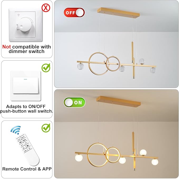 LED Gold Chandeliers for Dining Room, 47in Dimmable Modern Chandelier Gold Pendant Lights for Kitchen Island, Linear Ring Globe Pendant Light Fixtures Dining Room Lights Ceiling Hanging