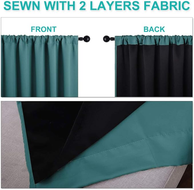 NICETOWN 100% Blackout Curtains with Black Liners, Thermal Insulated 2-Layer Lined Drapes, Room Warming Small Window Draperies for Dining Room (Sea Teal, 2 Panels, 52 inches W by 54 inches L)