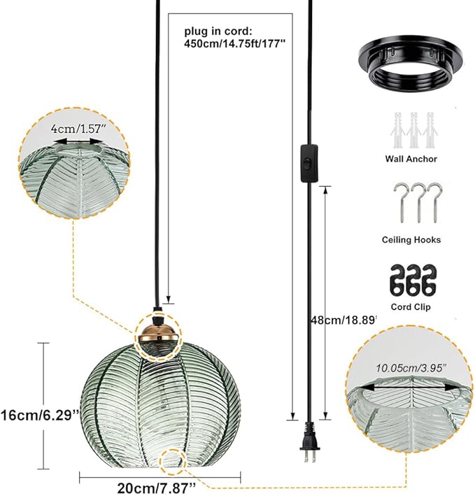 Plug in Pendant Light, Green Glass Pendant Light 14.75ft Hanging Light with Plug in Cord Hand Blown 1-Light Hanging Lamp Plug in Pendant Lighting for Kitchen Bedroom Living Dining Room