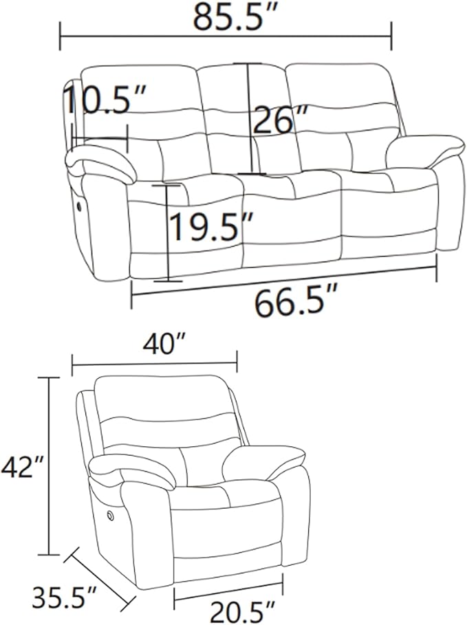 Power Reclining Sofa Set, Genuine Leather Recliner Sofa Set,Living Room Furniture Setwith USB Charging and LED Lights,for Living Room/Apartment/Office/Home Theather,Light Grey,C+S