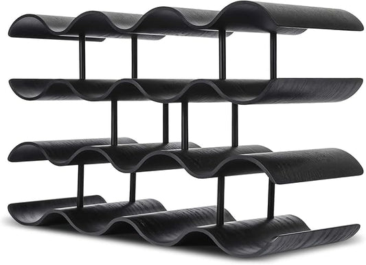 Countertop Wine Rack - 14 Bottle Freestanding Wine Bottle Holder Stand - 4 Tier Wooden Wine Storage Rack - Black Wavy Wine Organizer for Cabinet Pantry Home Kitchen Bar