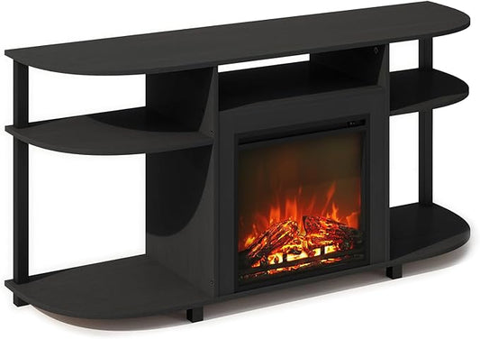 Furinno Jensen Fireplace TV Stand, NO Heat Decorative Electric Fireplace TV Stand for TV up to 55 Inch, with Curved Open Storage, for Living Room, Americano