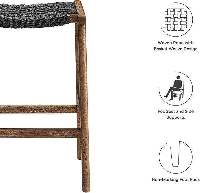 Modway Saoirse Woven Rope Wood Counter Stool - Set of 2 in Walnut Black