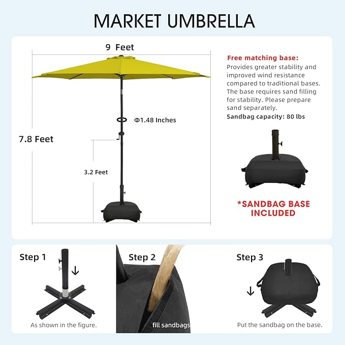 wikiwiki 9FT Patio Umbrella with Base, Outdoor Umbrellas with Base Included, 8 Sturdy Ribs, Waterproof Fade Resistant POLYESTER DTY Canopy for Deck, Lawn, Garden, Backyard & Pool, Yellow