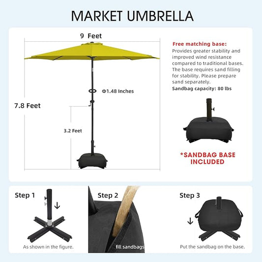 wikiwiki 9FT Patio Umbrella with Base, Outdoor Umbrellas with Base Included, 8 Sturdy Ribs, Waterproof Fade Resistant POLYESTER DTY Canopy for Deck, Lawn, Garden, Backyard & Pool, Yellow