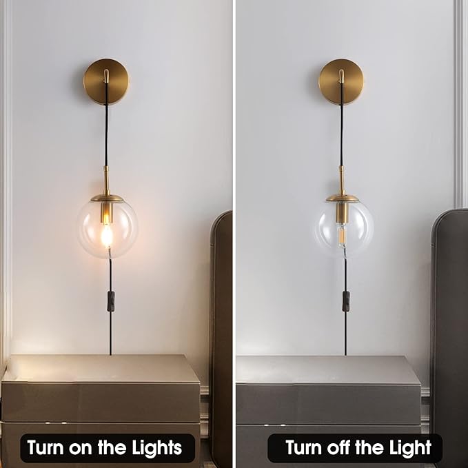 Wall Sconces Set of Two Plug in Wall Sconces Brushed Brass Gold Wall Lamp with Cord Wall Sconce Plug in with Globe Clear Glass Shade Sconces Set of 2 Wall Light Sconce