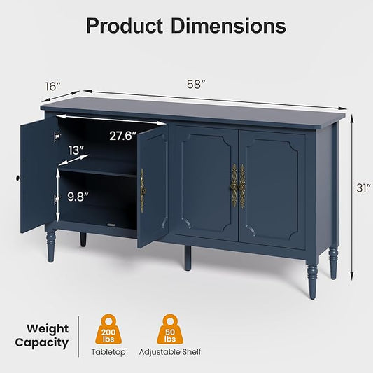 Console Cabinet, 58" Mid Century Modern Pantry Cabinet, Wood Buffet Cabinet, Media Cabinet with 4 Doors, Accent Sideboard for Entryway, Living Room, Dining Room (Blue)