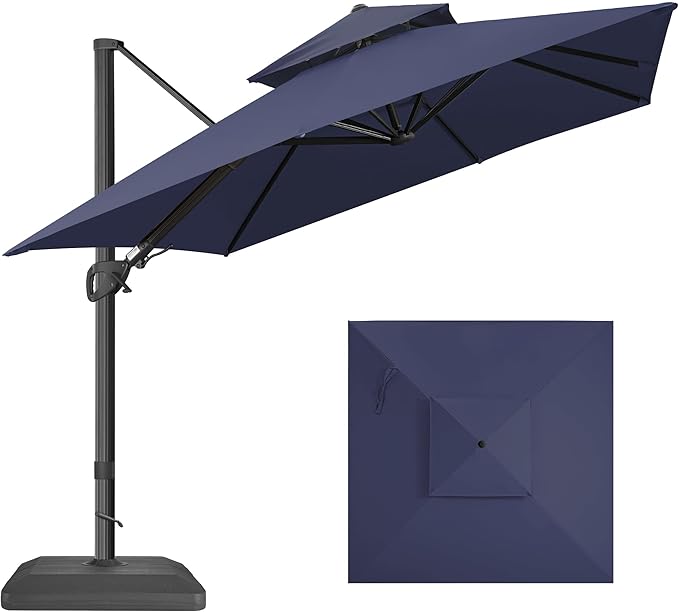 FLAME&SHADE 10x10 FT Cantilever Patio Umbrella - Aluminum Offset Umbrella with Tilt & 360-Degree Rotation, 3 Years Fade Resistance Fabric Large Patio Umbrella Outdoor for Deck Pool Garden - Navy Blue