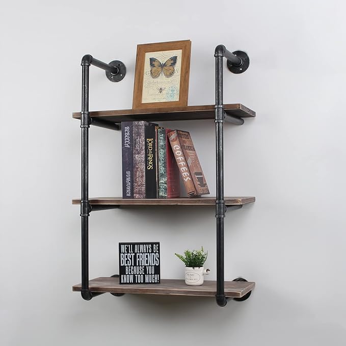 MBQQ Industrial Pipe Shelving Wall Mounted,24in Rustic Metal Floating Shelves,Steampunk Real Wood Book Shelves,Wall Shelf Unit Bookshelf Hanging Wall Shelves,Farmhouse Kitchen Bar Shelving(3 Tier)