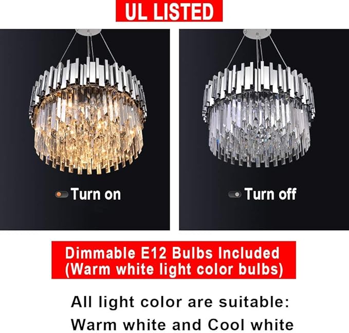 Modern Crystal Chandelier Lighting Chrome Pendant Lights Fixture with Stainless Steel Shade Island Chandeliers Ceiling Dining Room Living Room Contemporary Kitchen Dimmable 9-Lights