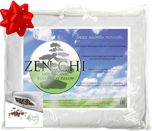 ZEN CHI Organic Queen Size Buckwheat Pillow for Sleeping (20X30)- Natural Cooling Technology, All Cotton Cover w Organic Buckwheat Hulls Comfortable Sleep, Naturally Adjusts to Head