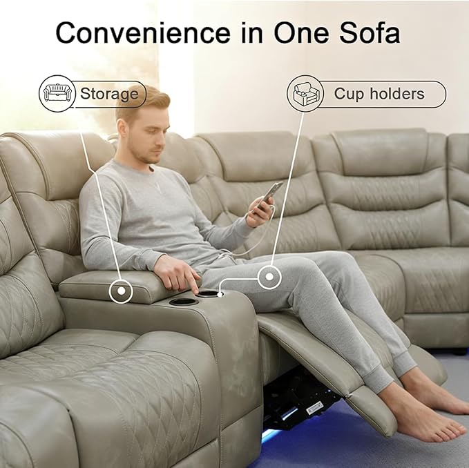 Power Reclining Sofa Set with LED Light, Living Room Furiture Set,Leather Reclining Sectional Couch with USB Port/Cup Holder for Living Room Home Office