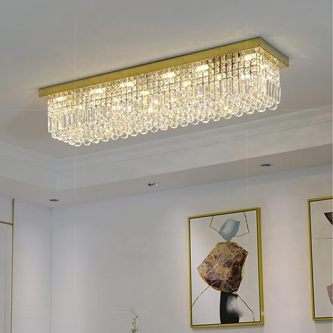 7PM Rectangular Chandelier, Modern Dining Room Light Fixture with Raindrop Chandelier Crystals, 8 Lights Flush Mount Rectangle Chandelier for Dining Room Living Room, L40” x W10” x H10” Gold